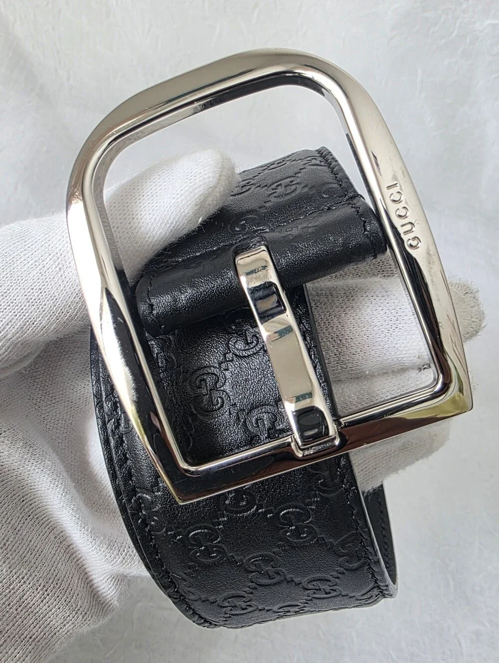 Auth Gucci Guccissima Men Black Leather Belt with Silver Buckle